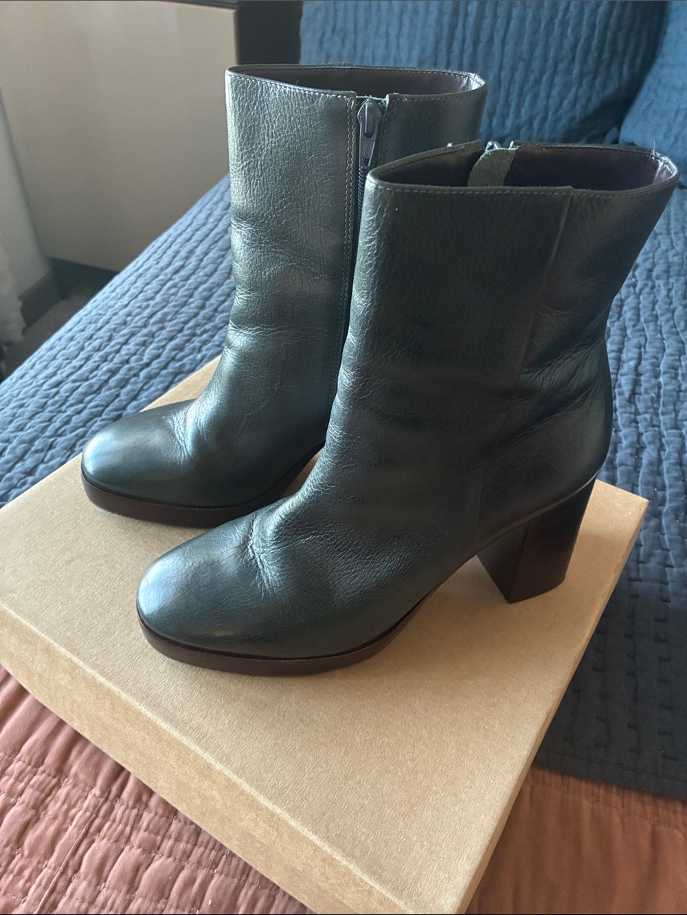 Anthropologie Dark Green Leather Block Heel Ankle Boots